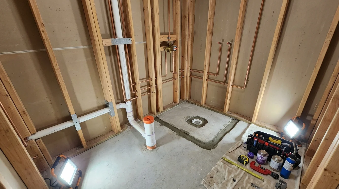 Bathroom rough-in plumbing during remodel by Johns Plumbing LLC in Pineville