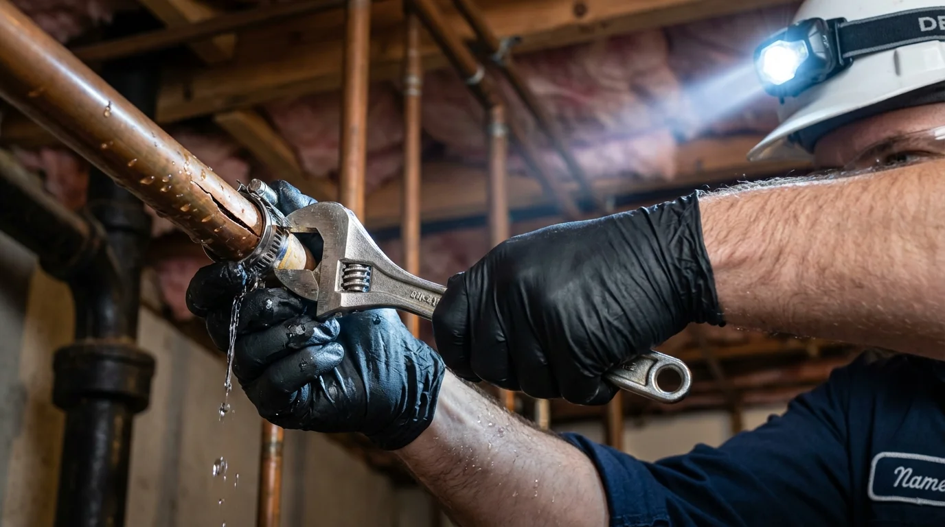Emergency pipe clamp repair being performed by a Johns Plumbing LLC plumber in Pineville